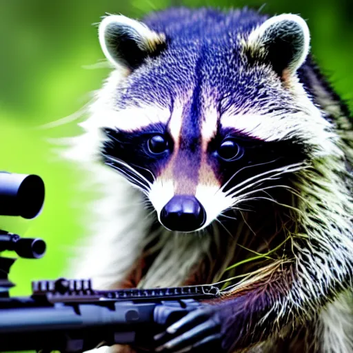 Prompt: raccoon shooting sniper rifle, photo, detailed, 4 k