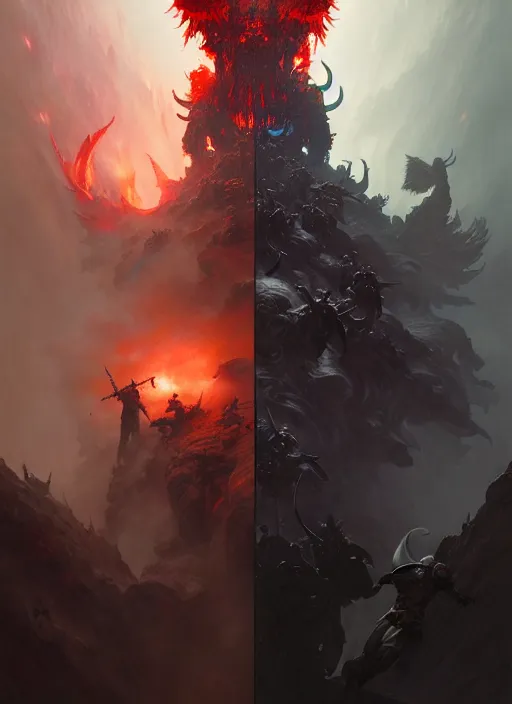 Image similar to fantasy battle between heaven and hell, dim light, front game card, marvel comics, dark, intricate, highly detailed, smooth, artstation, digital illustration by ruan jia and mandy jurgens and artgerm and wayne barlowe and greg rutkowski and zdislav beksinski