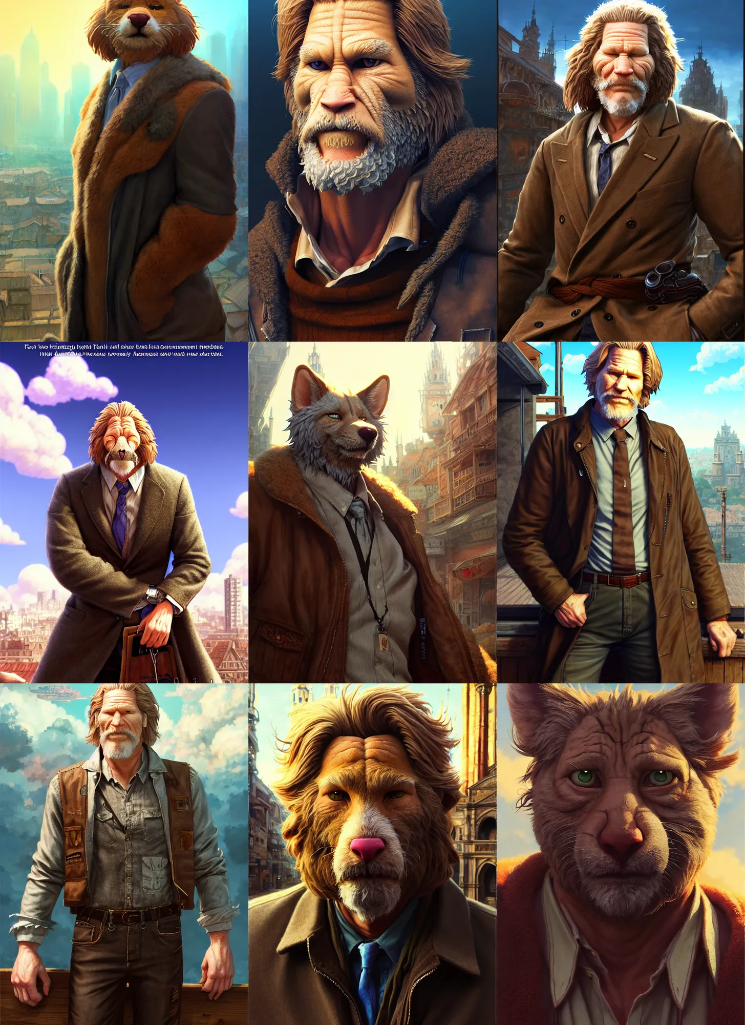 Prompt: full body character fursona portrait of jeff bridges with gorgeous detailed eyes in the marketplace in the sky, color page, tankoban, 4 k, tone mapping, doll, akihiko yoshida, james jean andrei riabovitchev marc simonetti, yoshitaka amano, h. hydrochaeris