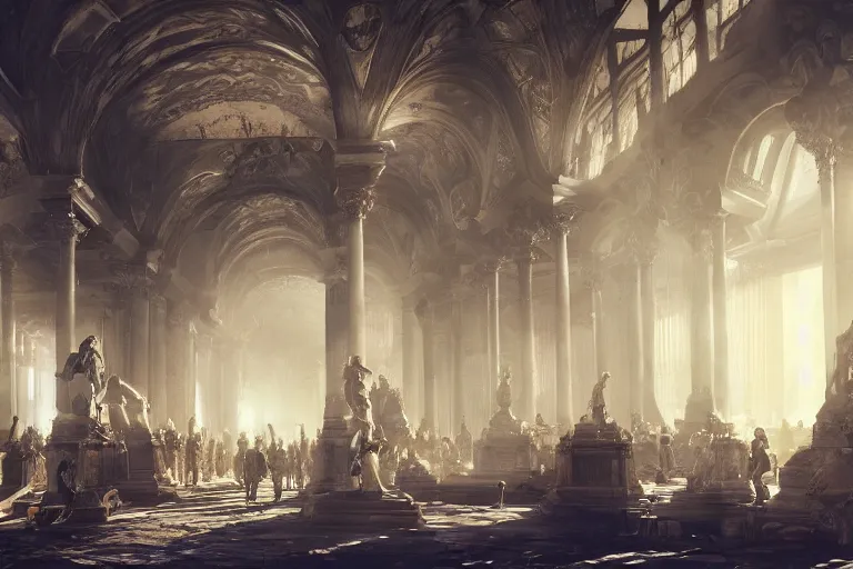 Prompt: the hall of the fallen legends, cinematic, dramatic lighting, large statues lined up against the wall, warm lighting, artstation hd, intricate