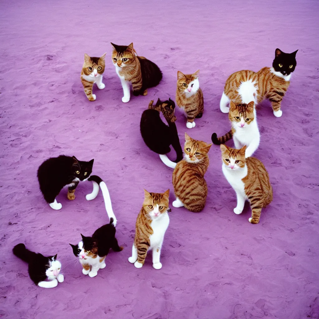 Image similar to cats on a purple beach, kodak gold 200,