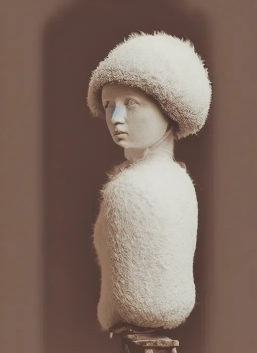 Image similar to realistic photo of a a medieval antique old wooden sculpture of a girl dressed white spherical fluffy hat helmet, greyscale 1 9 9 0, life magazine photo, natural colors, metropolitan museum, kodak