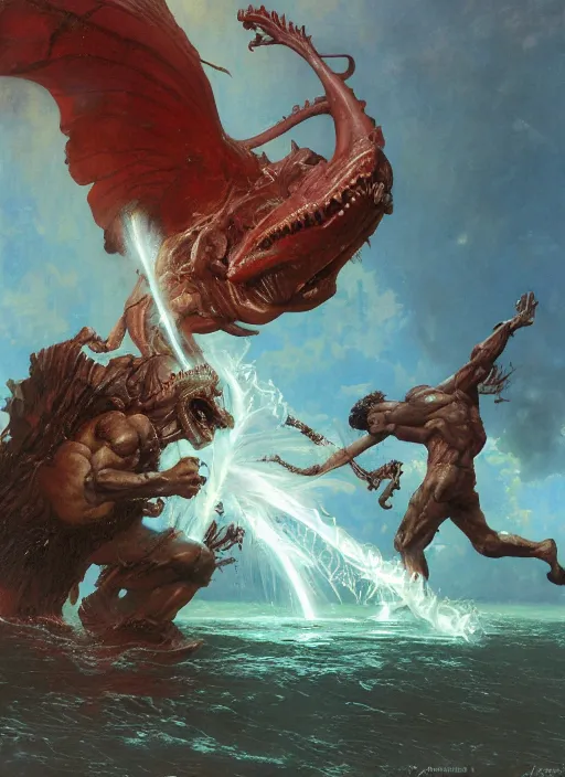 Image similar to typhon attacks, dynamic action, by lawrence alma-tadema and zdzislaw beksinski and norman rockwell and jack kirby and tom lovell and greg staples, artstation creature art