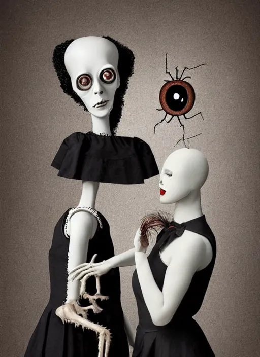 Image similar to surreal portrait of a creature with the body of a headless 1950's school-girl dress wearing mannequin and whose head is a giant big-eyed tarantula, inspired by Mark Ryden and Marion Peck, hints of Cronenberg and Hellraiser