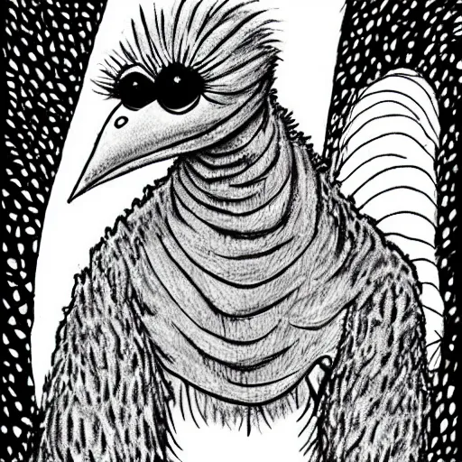 Image similar to big bird from sesame street, style of junji ito!!!!, black and white, undead