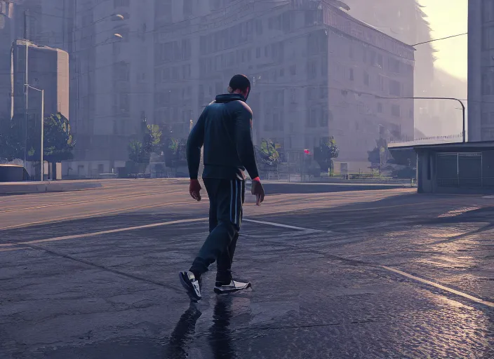 Image similar to cinematic screenshot gta 5, rain, man in adidas tracksuit, churches, buildings, road, moskvich, rtx, volumetric light, 3 d artist, reflections, moscow, soviet apartment buildings, award winning, artstation, intricate details, realistic, hyperdetailed, 8 k resolution