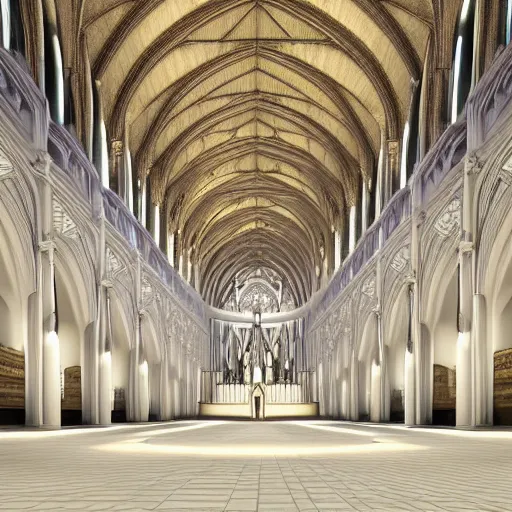 Prompt: a cathedral for the god of symmetry, inside view, giant hall, floor is a mirror, highly detailed, photorealistic Octane render, dramatic