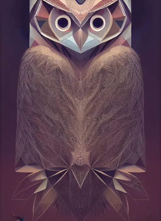 Image similar to portrait of a geometric owl, identical eyes, medium shot, illustration, full body made of white feathers, symmetrical, art stand, super detailed, cinematic lighting, and its detailed and intricate, gorgeous, by peter mohrbacher