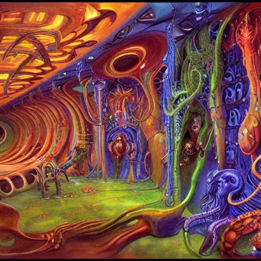 Prompt: eldritch occult supercomputer laboratory By Roger Dean, by Josephine Wall. Behance HD. Trending on artstation.