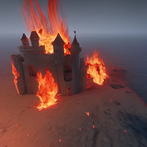 Prompt: a burning castle in a red sea, unreal engine, artstation, hyperrealistic, 8k.