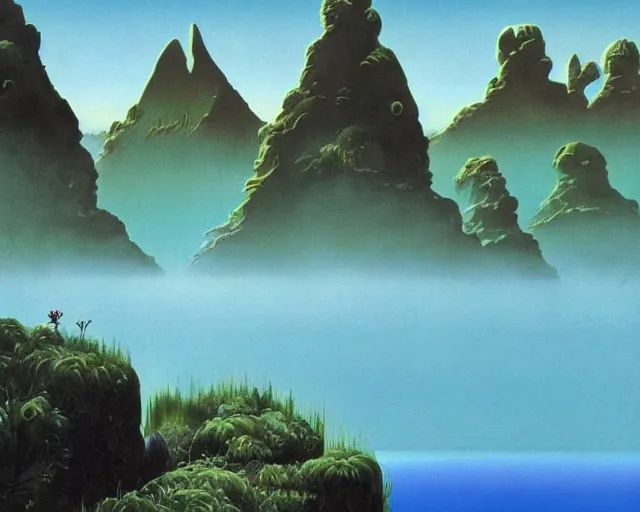 Prompt: roger dean 1 9 8 0 s art of distant mountains strange bizarre alien planet surface lakes reflective clear blue water, rainbow in sky, imagery, illustration art, album art