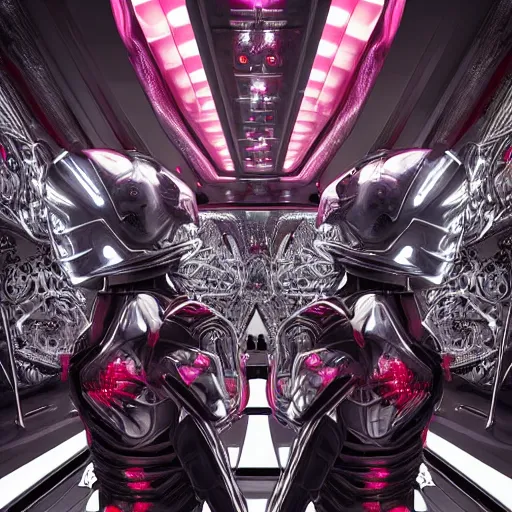 Prompt: ultra realist soft painting render of the inside of a futuristic bar, beautiful cyberwear armored cyborg dancers, crowded silhouettes, symmetry accurate features, very intricate details, black white red purple color palette, masterpiece award winning, cinematic lighting, focus, tom bagshaw artstyle