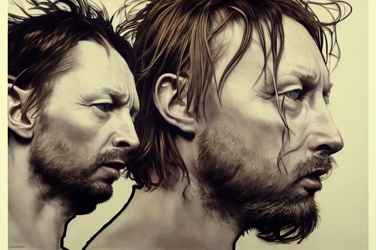 Image similar to hyper realistic portrait of thom yorke version singer songwriter ok computer, ( side ) profile, liminal space, by lee bermejo, alphonse mucha and greg rutkowski