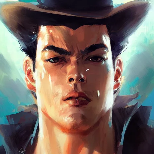 Prompt: jotaro kujo, closeup portrait art by greg rutkowski