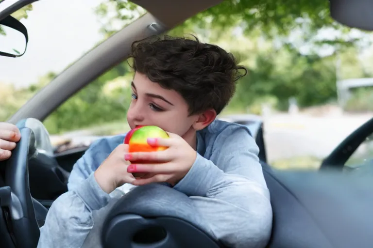 Image similar to gay teenager grabbing an black apple while hes inside the car