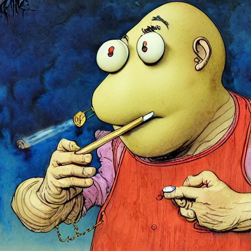 Image similar to a realistic and atmospheric watercolour fantasy character concept art portrait of mr. potato head with pink eyes wearing a wife beater and smoking a huge blunt by rebecca guay, michael kaluta, charles vess and jean moebius giraud