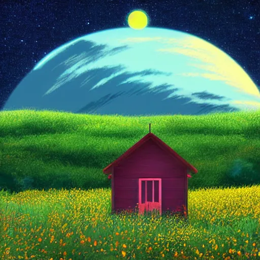 Prompt: A small lonely house in the middle of a flowery field. Beautiful view of the milky way in the night sky. Wide angle shot, award-winning digital art in the anime style by studio Ghibli