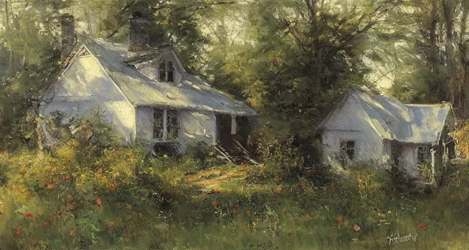 Image similar to cottage in the woods, by richard schmid