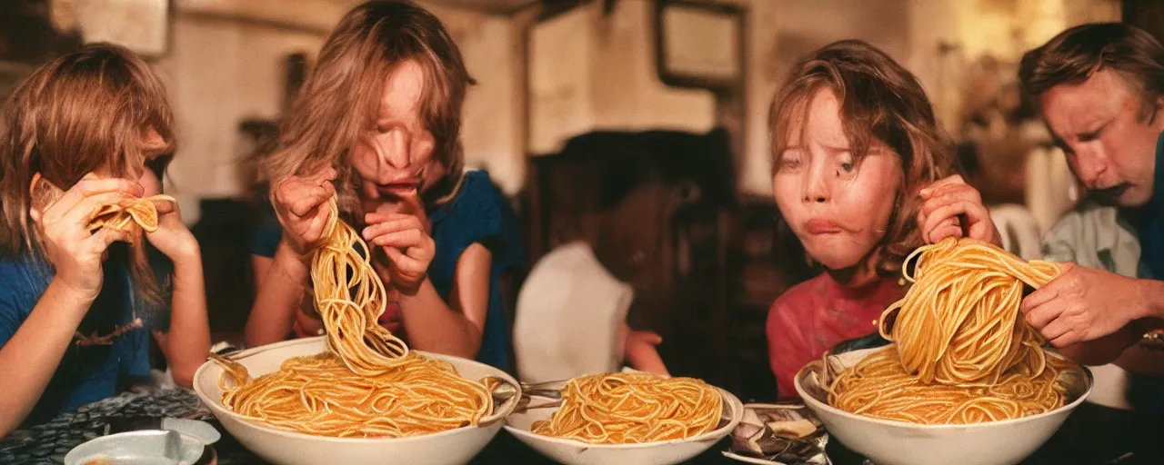 Prompt: celebrities eating spaghetti out of a giant bowl, high detailed face, facial expression, small details, intricate, canon 5 0 mm, cinematic lighting, photography, film, kodachrome