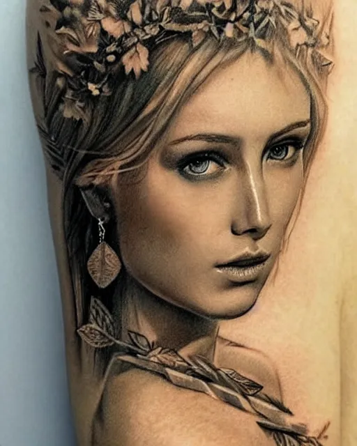 Image similar to realism tattoo sketch of a beautiful blonde woman as a beautiful greek goddess aphrodite with piercing eyes wearing a laurel wreath and triangle earrings, in the style of greg rutkowski, amazing detail