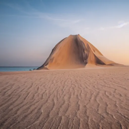 Prompt: a candid portrait of the mysterious island of sand on a beach