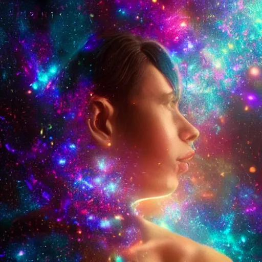 Prompt: woman portrait made out of galaxies floating in space, highly detailed, beautiful, realistic, comic book art, octane render