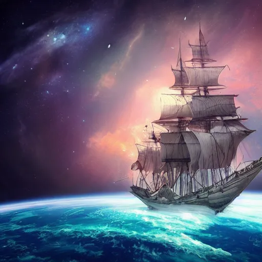 Image similar to a beautiful galleon ship floating in space nebula clouds, highly detailed space scene, ultra realistic, sharp focus, cinematic