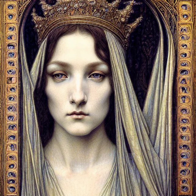 Image similar to detailed realistic beautiful young medieval queen face portrait by jean delville, gustave dore and marco mazzoni, art nouveau, symbolist, visionary, gothic, pre - raphaelite. horizontal symmetry