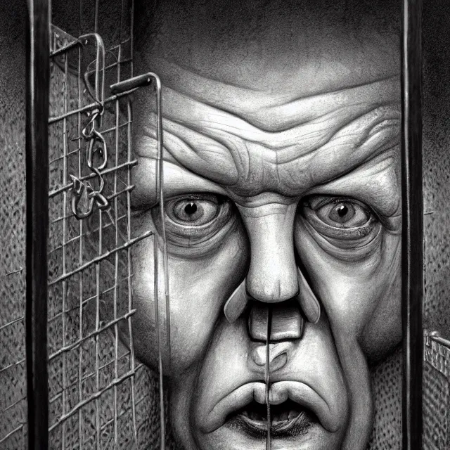 Image similar to prison cell behind bars of jail gediminas pranckevicius | close up portrait of a the trump behind jail bars in the sinister valley of despair, one mouth, one nose, two eyes, oil painting by tomasz jedruszek, cinematic lighting, pen and ink, intricate line, hd, 4 k, million of likes, trending on artstation