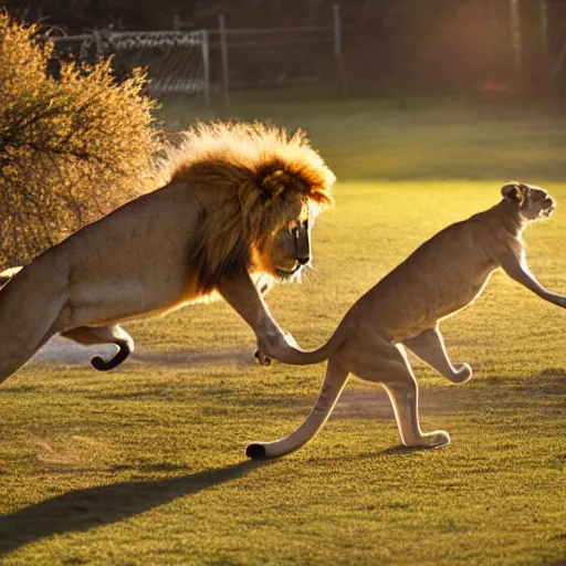 Prompt: lion slap boxing a kangaroo, savannah, national geographic, golden hour, 3 5 mm