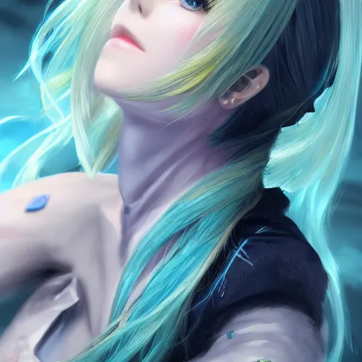 Prompt: side profile of rimuru tempest with sky blue hair, long hair, sharp face, gold eyes, high collar, black jacket | professional digital painting, concept art, award - winning photography, cinematic, wlop | art by pixiv art, yoshitaka amano, junki ito