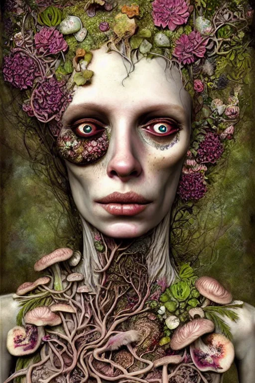 Image similar to beautiful and detailed rotten woman corpse with fractal plants and fractal flowers and mushrooms growing around, face muscles, veins, arteries, intricate, ornate, surreal, ray caesar, john constable, guy denning, dan hillier