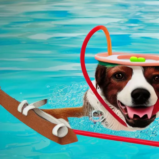 Image similar to a dog in a pool with a toy boat on his head, realistic, highly detailed, photo, 4k