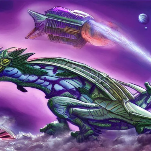 Image similar to a purple dragon fighting a retrofuturistic spaceship with a volcano in the background, concept art by ken steacy