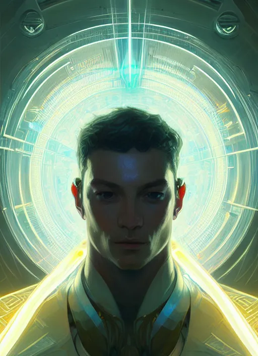 Prompt: symmetry!! portrait of male wizard, sci - fi, tech wear, glowing lights!! intricate, elegant, highly detailed, digital painting, artstation, concept art, smooth, sharp focus, illustration, art by artgerm and greg rutkowski and alphonse mucha