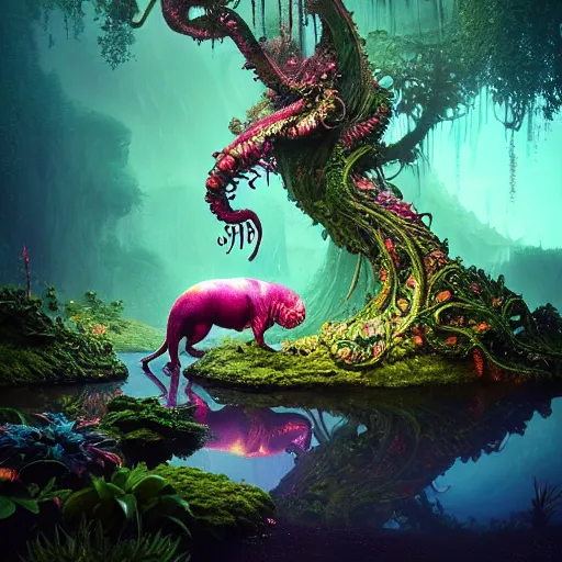 Image similar to creature in a lush candyland, water reflection, night, backlit, warm tones, bioluminescent : by michal karcz, daniel merriam, victo ngai and guillermo del toro : ornate, dynamic, particulate, intricate, elegant, highly detailed, centered, artstation, smooth, sharp focus, octane render