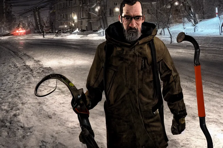 Prompt: Gordon Freeman from Half-Life 2 in real life walking through the dark Russian winter streets with a crowbar in his hands 8K realistic