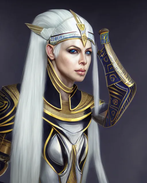 Image similar to perfect white haired attractive egyptian goddess, warframe armor, pharaoh headdress, beautiful, symmetric, dreamy, half asian, pretty face, green eyes, charlize theron, detailed, scifi platform, laboratory, experiment, 4 k, ultra realistic, epic lighting, android body, illuminated, cinematic, masterpiece, art by akihito tsukushi, voidstar