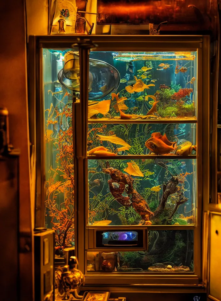 Image similar to telephoto 7 0 mm f / 2. 8 iso 2 0 0 photograph depicting the feeling of chrysalism in a cosy safe cluttered french sci - fi art nouveau cyberpunk apartment in a dreamstate art cinema style. ( ( ( fish tank ) ) ), ambient light.