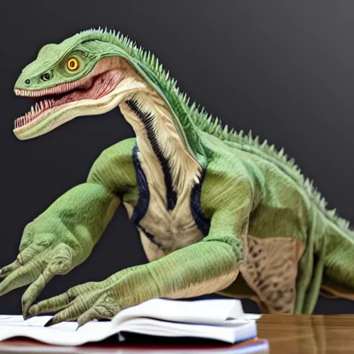 Prompt: velociraptor studying for a math test