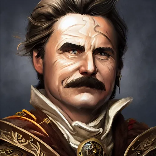 Prompt: Portrait of human bard named Lech Wałęsa, very beautiful, D&D, brown eyes, fantasy, intricate, elegant, highly detailed, digital painting, trending on artstation, concept art, smooth, sharp focus, RPG rulebook illustration, art by Tyler Jacobson