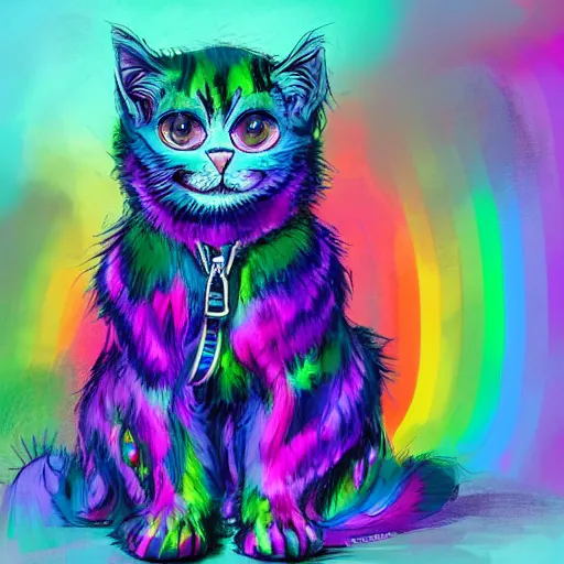 Image similar to wide angle full body, jacket wearing fluffy cute rainbow kitten wearing a black leather motorcycle jacket, concept art