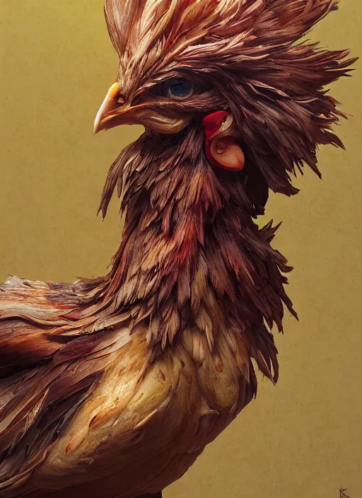 Image similar to chicken, hyper detailed, digital art, trending in artstation, cinematic lighting, studio quality, smooth render, unreal engine 5 rendered, octane rendered, art style by klimt and nixeu and ian sprigger and wlop and krenz cushart.