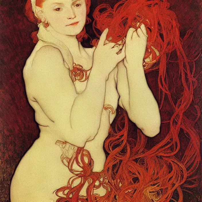 Prompt: A portrait of red-haired Shanks, full-length, oil painting in a renaissance style , very detailed, gold background, painted by Alphonse Mucha.