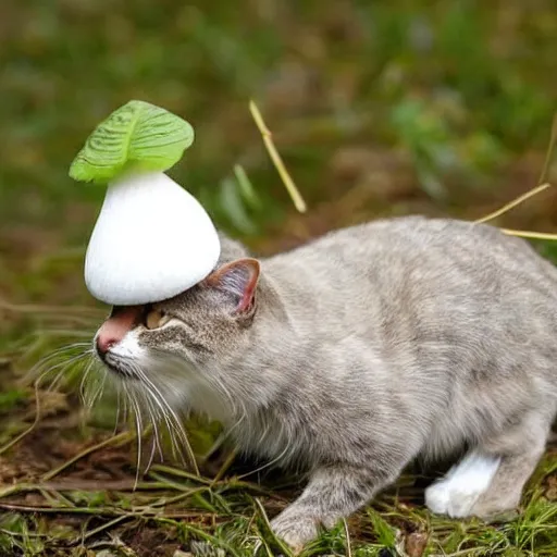 Image similar to a small domestic housecat with a white mushroom growing atop its head