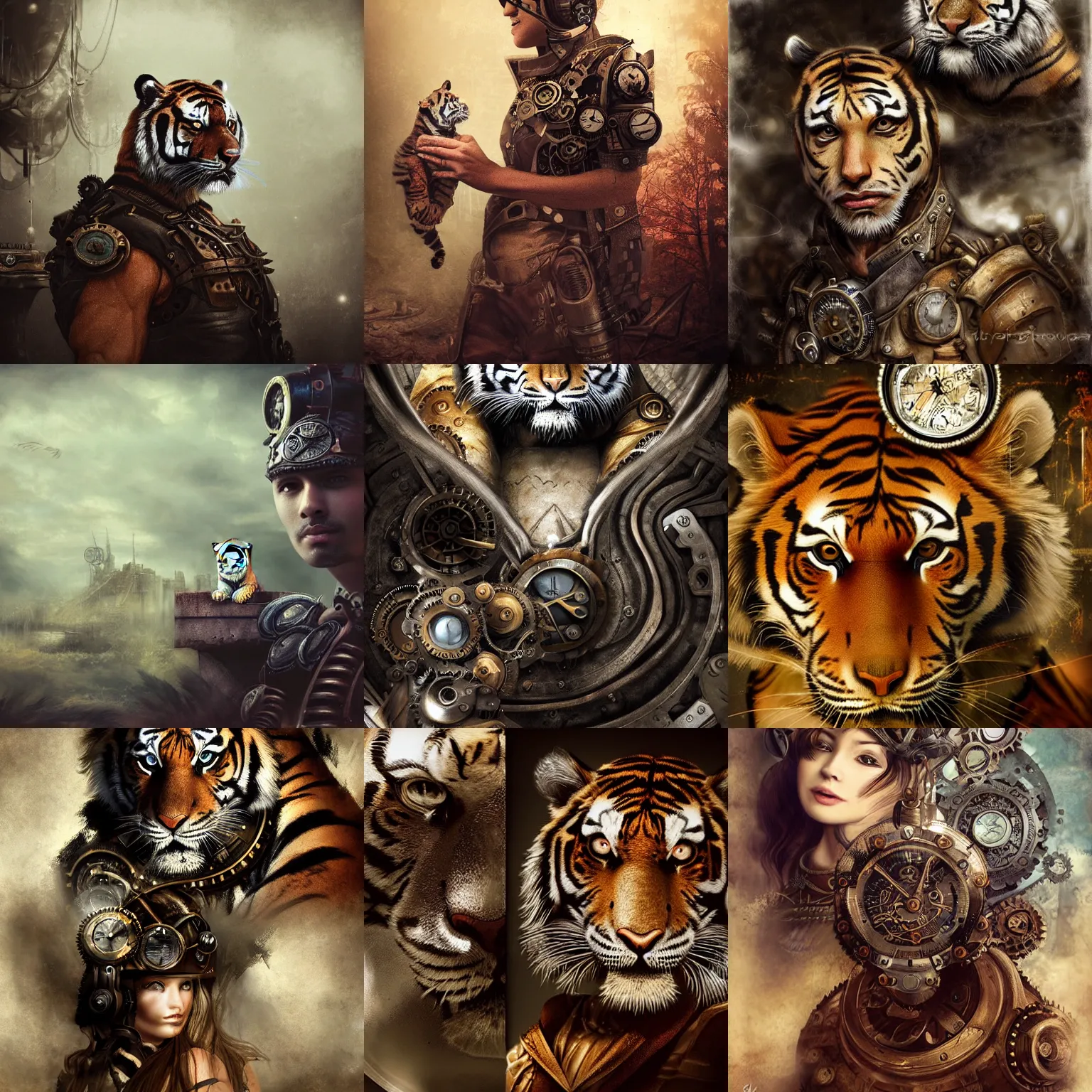 Prompt: Dream, tiger, gears, steampunk. portrait, crown, environment