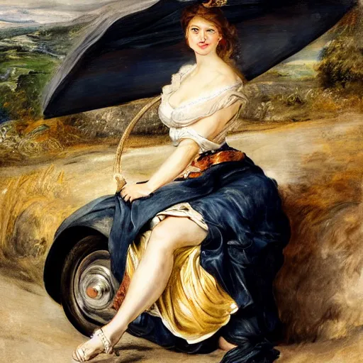 Image similar to heavenly summer sharp land sphere scallop well dressed lady waiting in front of a car, auslese, by peter paul rubens and eugene delacroix and karol bak, hyperrealism, digital illustration, fauvist, waiting in front of a car