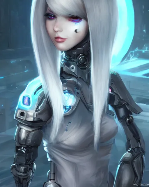 Image similar to holy cyborg necromancer girl, elegant, perfect face, scifi, futuristic, utopia, garden, illustration, atmosphere, warframe, blue eyes, white hair, focused, artstation, nier automata, highly detailed, art by yuhong ding and chengwei pan and serafleur and ina wong