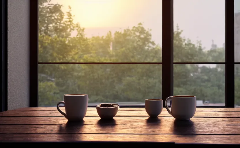 Image similar to a cup of coffee on a cafe table near a window with view to the sunrise, concept art, octane render, unreal engine 5, trending on artstation, high quality, highly detailed, path traced, high coherence, hyperrealistic, godrays, serene scene, soft lighting, macro photo