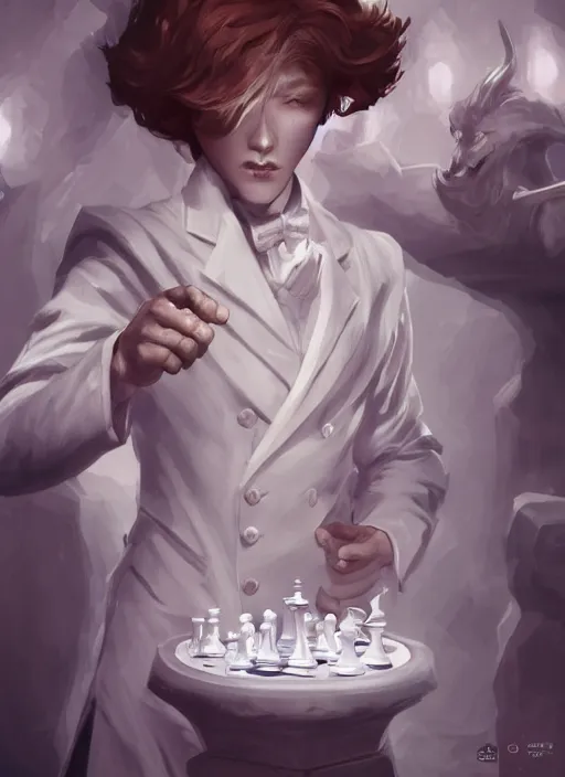 Image similar to a highly detailed illustration of short ginger haired man wearing white suit, dramatic holding chess piece pose, summoning demon girl, intricate, elegant, highly detailed, centered, digital painting, artstation, concept art, smooth, sharp focus, league of legends concept art, WLOP